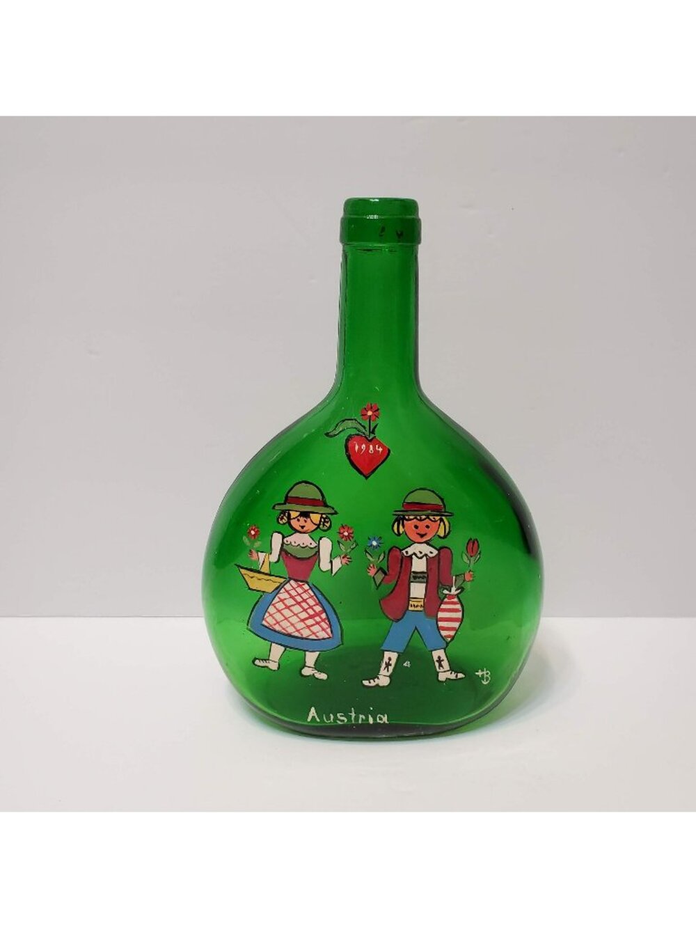 Vintage Hand Painted Austrian Folk Art Bottle 1984 Green Glass Decanter